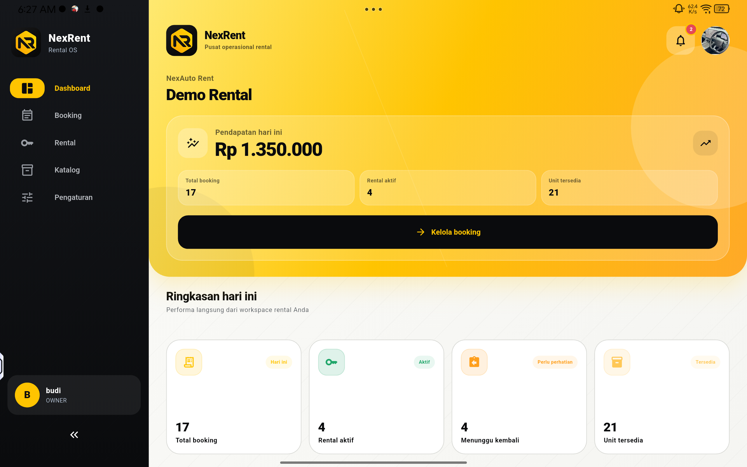 Dashboard NexRent pada tablet