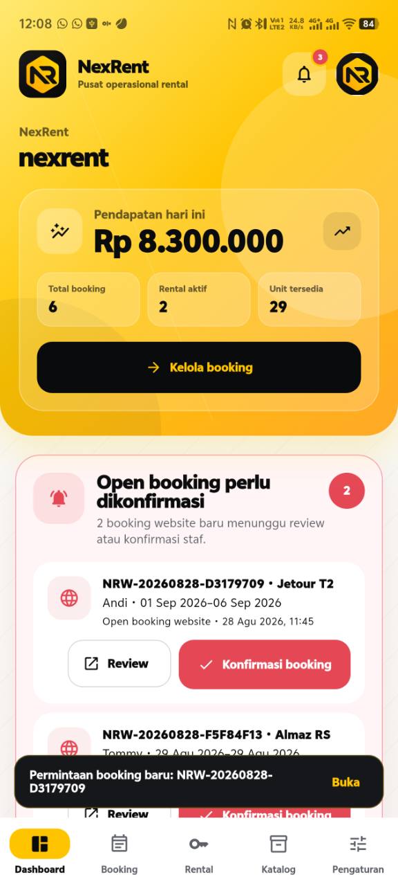 Dashboard NexRent pada ponsel