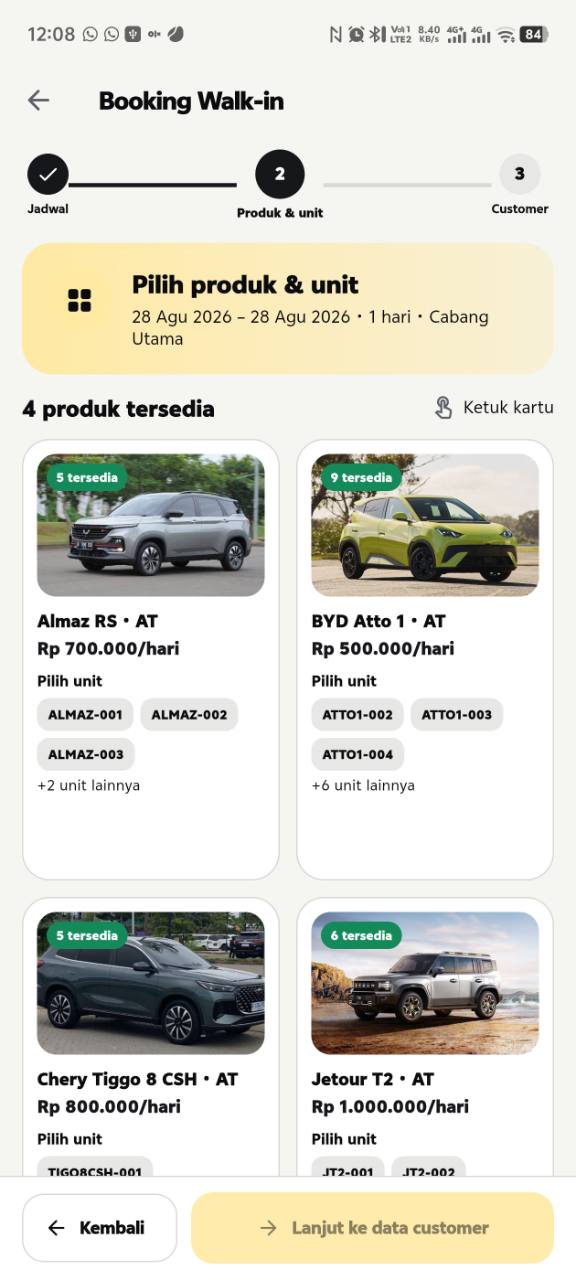 Booking walk-in NexRent pada ponsel